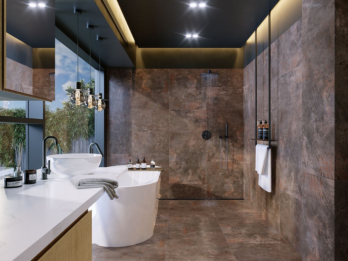 Image of a bathroom featuring elegant ceramic tiles on the floor and walls