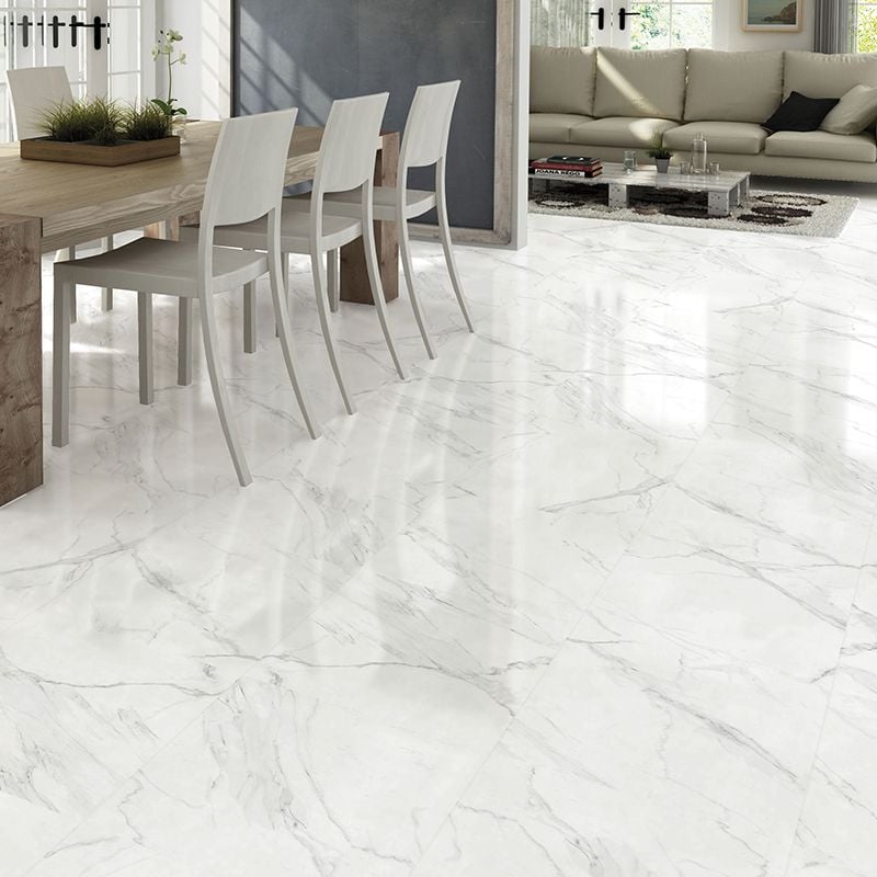 White Marble Effect Gloss Ceramic Floor, Large Square White Floor Tiles
