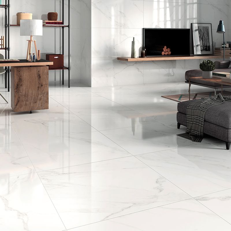 White Marble Effect Polished Porcelain, Large Square White Gloss Floor Tiles