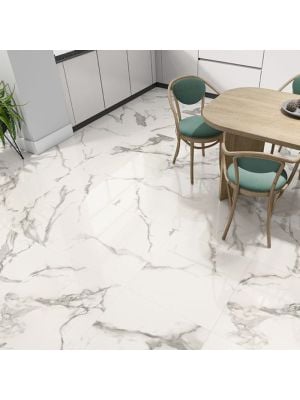 Imperial Calacatta White Marble Effect Gloss Porcelain Floor Tile - 600mm x 600mm