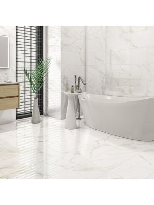 Calacatta Gold Gloss Marble Effect Rectified Porcelain Wall & Floor Tile - 600mm x 300mm