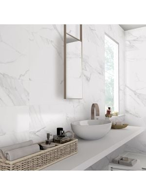 White Marble Effect Satin Rectified Porcelain Wall & Floor Tile - 600mm x 300mm 